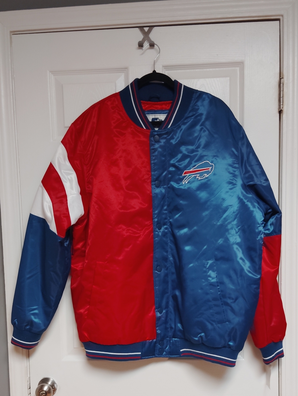 STARTER Red, Blue & White Satin Buffalo Bills Varsity Bomber Jacket